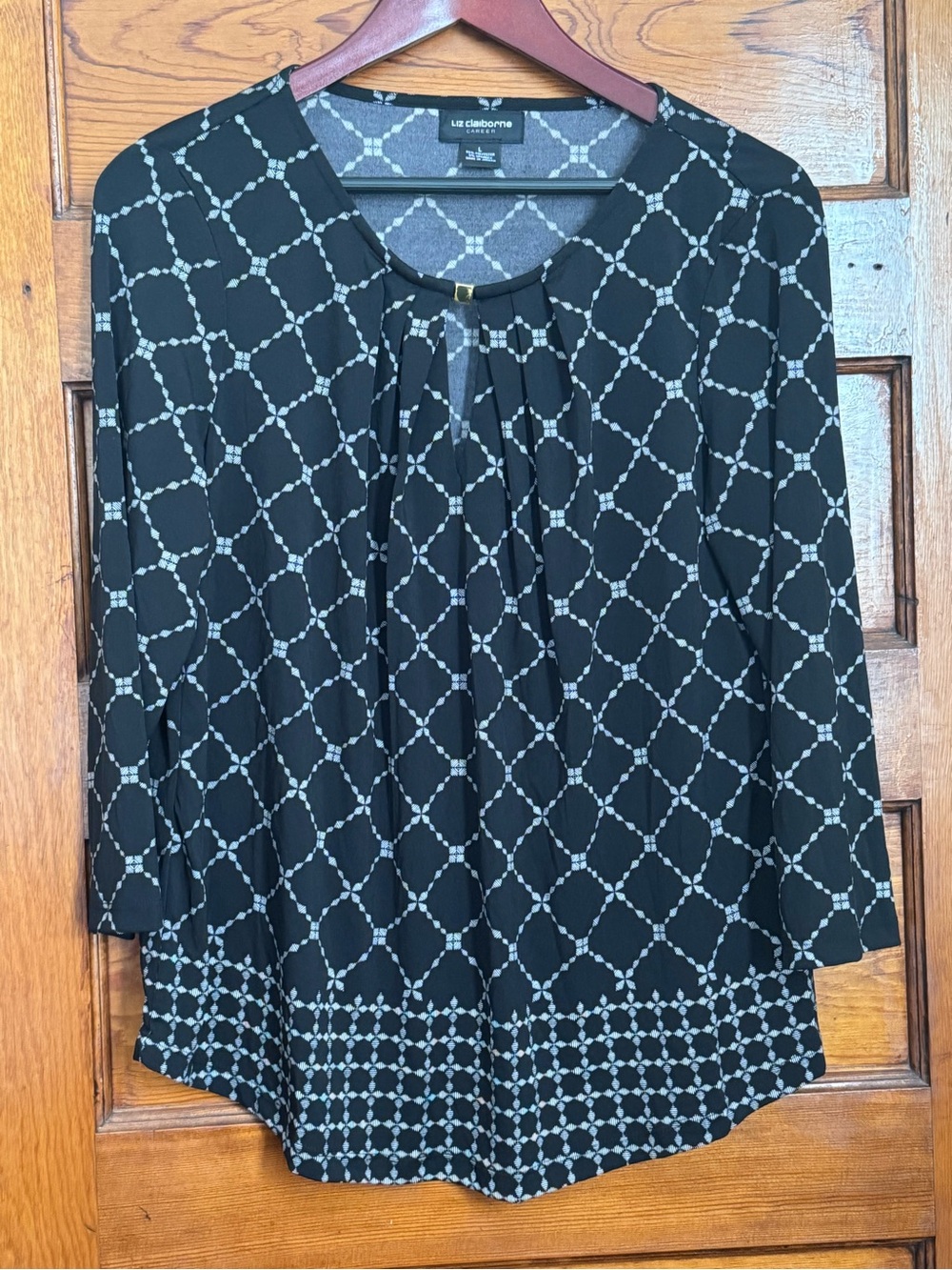 Liz Claiborne Black Patterned 3/4 Sleeve Blouse Size Large